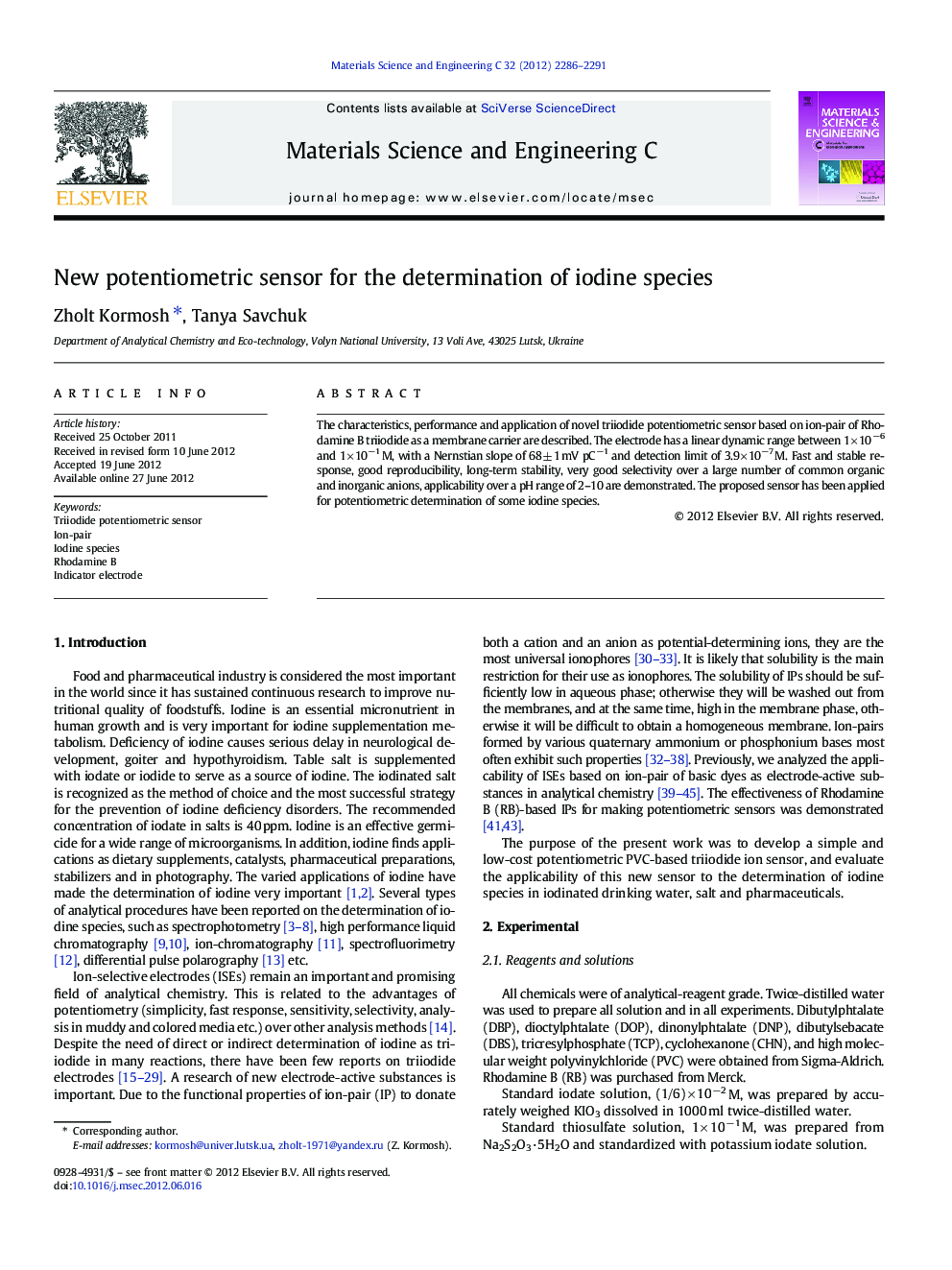 New potentiometric sensor for the determination of iodine species