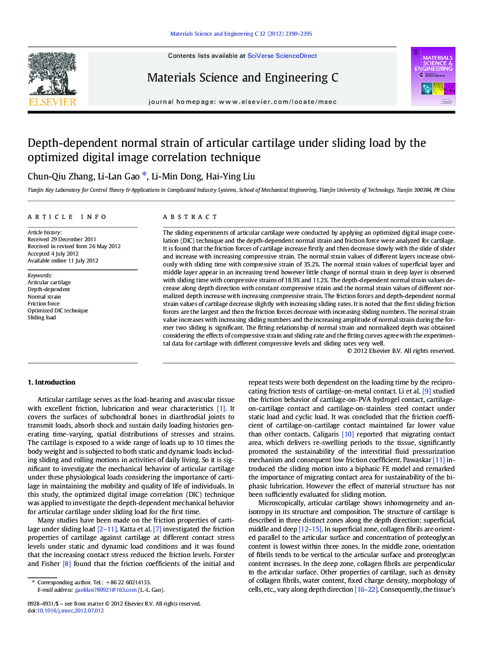 Depth-dependent normal strain of articular cartilage under sliding load by the optimized digital image correlation technique