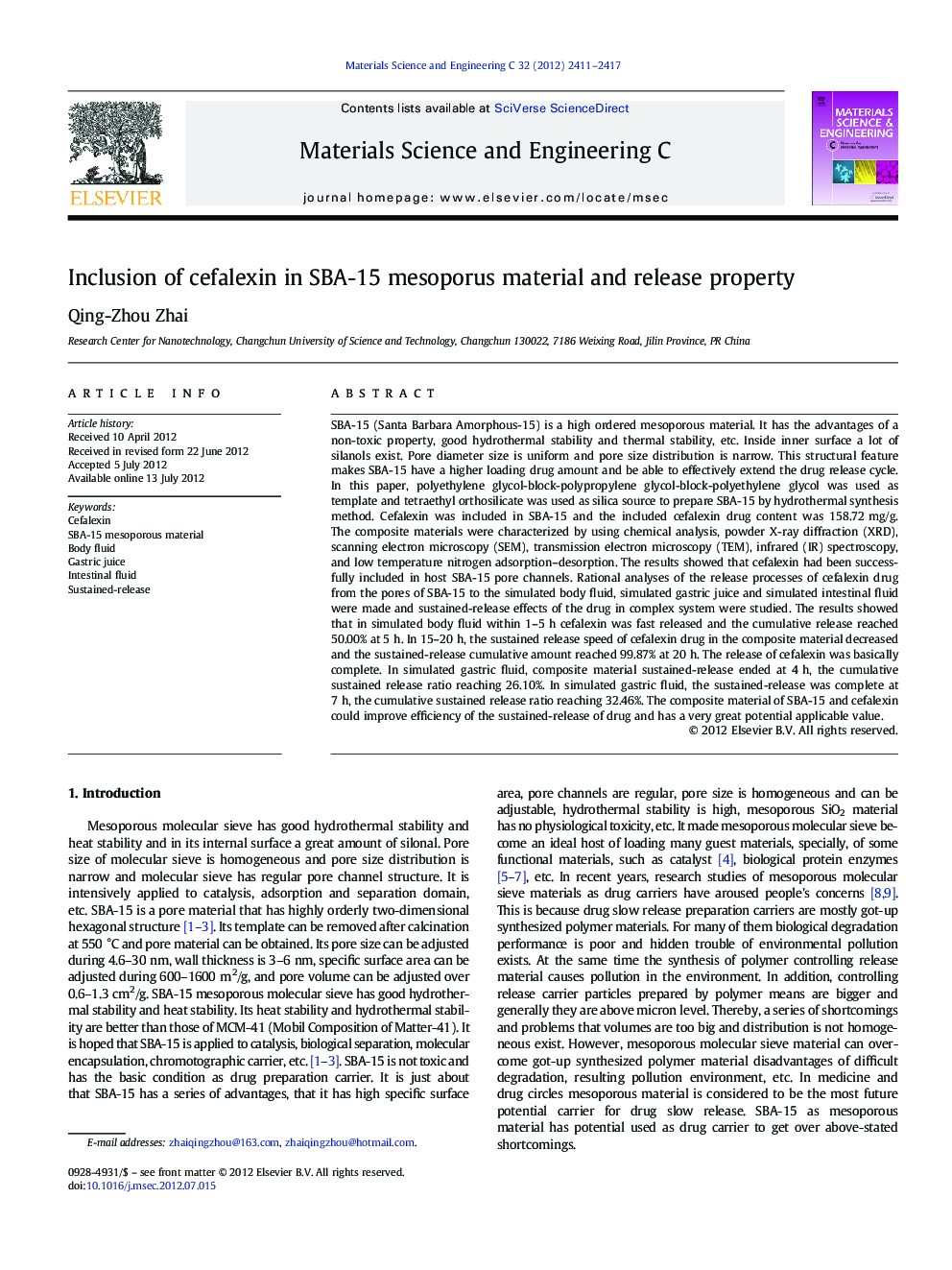 Inclusion of cefalexin in SBA-15 mesoporus material and release property