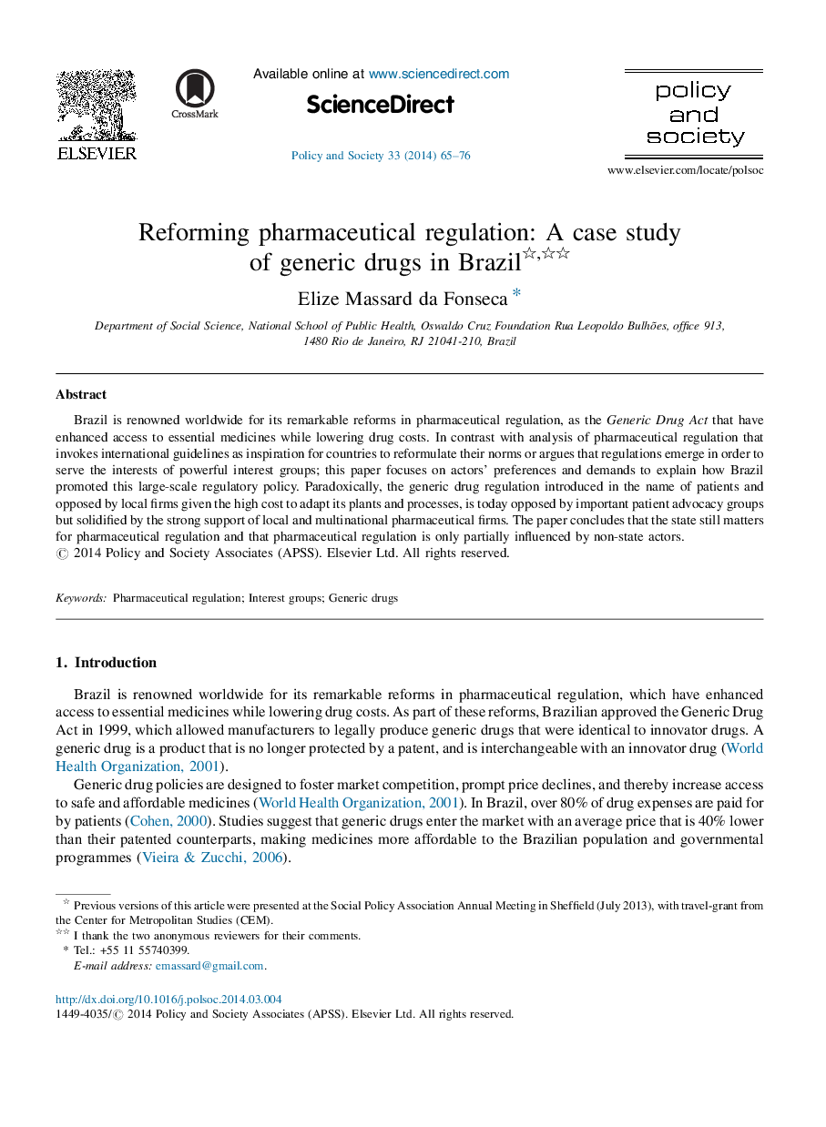 Reforming pharmaceutical regulation: A case study of generic drugs in Brazil 