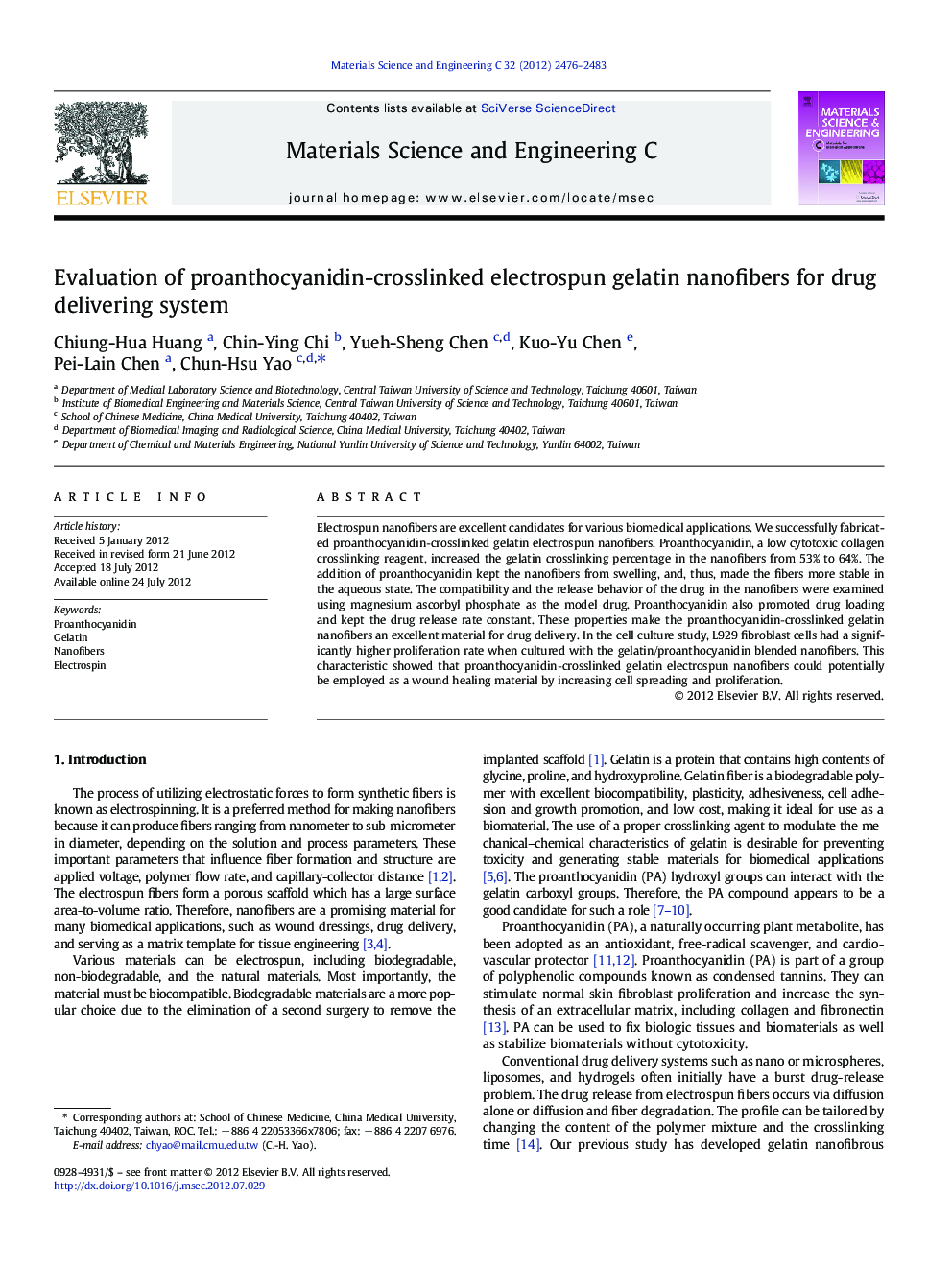 Evaluation of proanthocyanidin-crosslinked electrospun gelatin nanofibers for drug delivering system