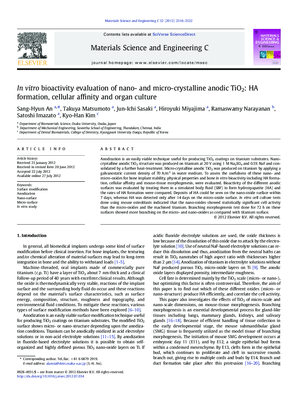 In vitro bioactivity evaluation of nano- and micro-crystalline anodic TiO2: HA formation, cellular affinity and organ culture