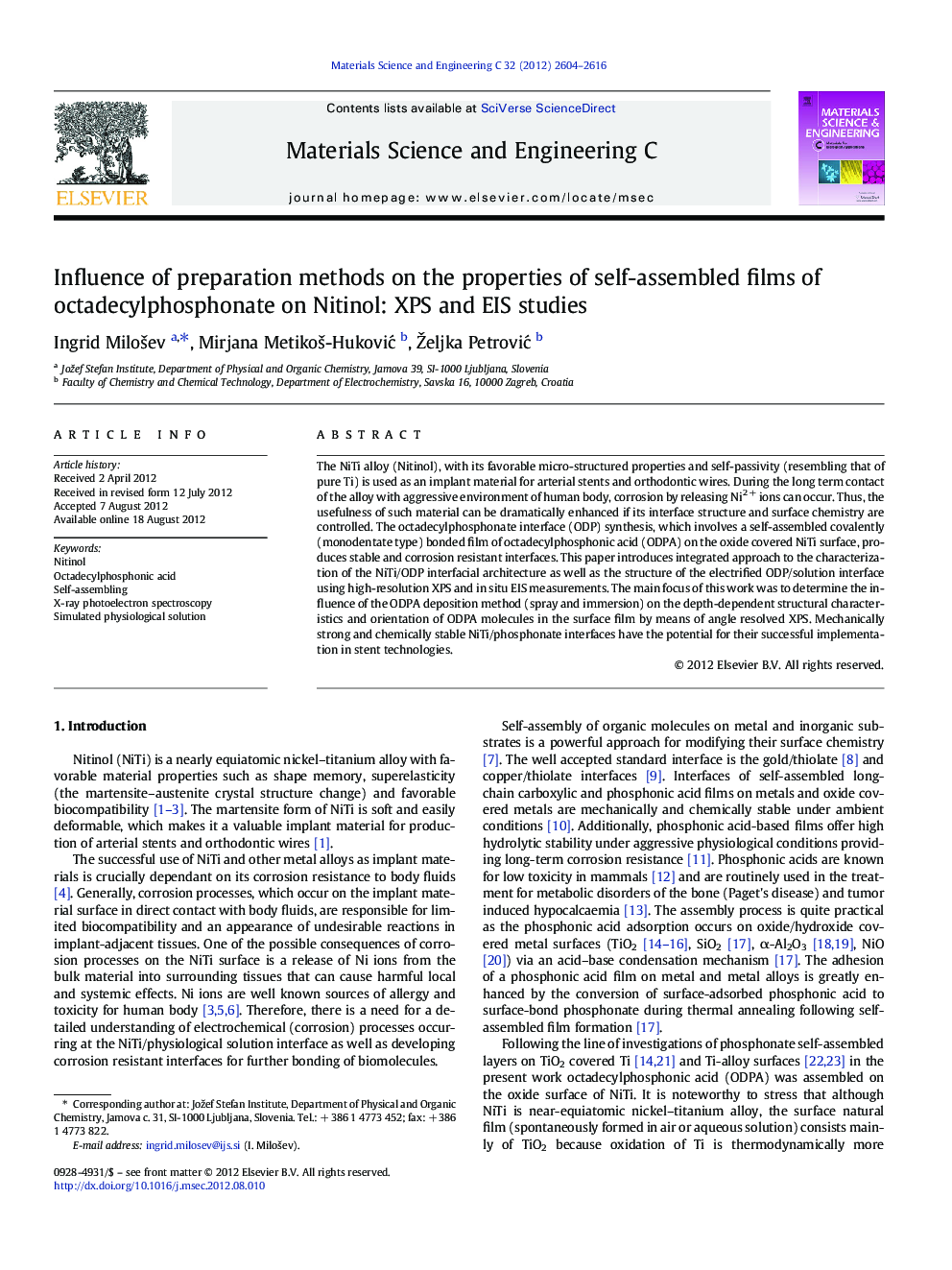 Influence of preparation methods on the properties of self-assembled films of octadecylphosphonate on Nitinol: XPS and EIS studies