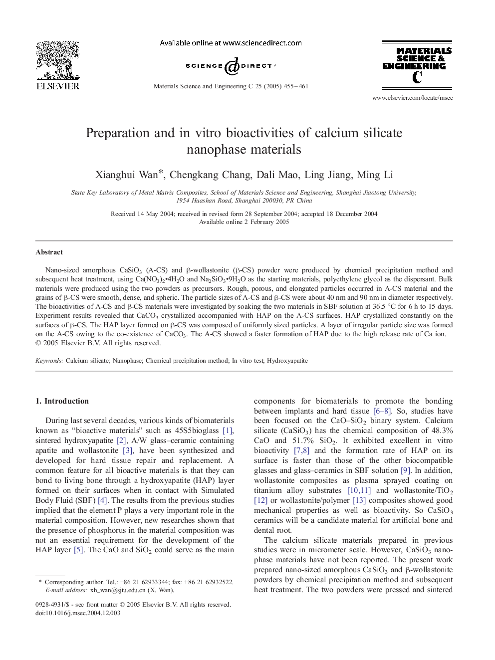 Preparation and in vitro bioactivities of calcium silicate nanophase materials