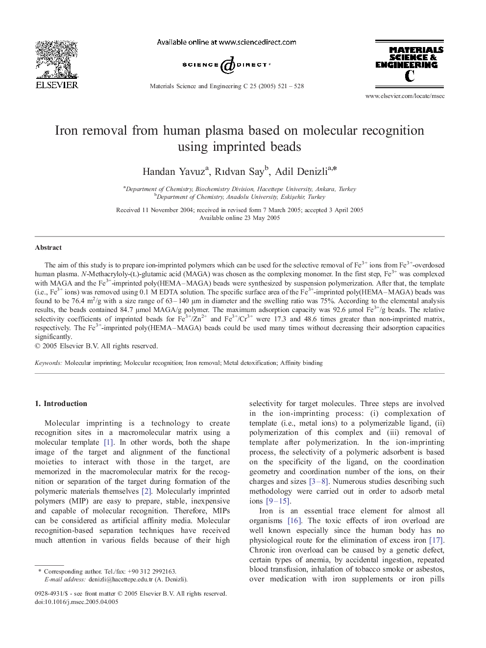 Iron removal from human plasma based on molecular recognition using imprinted beads