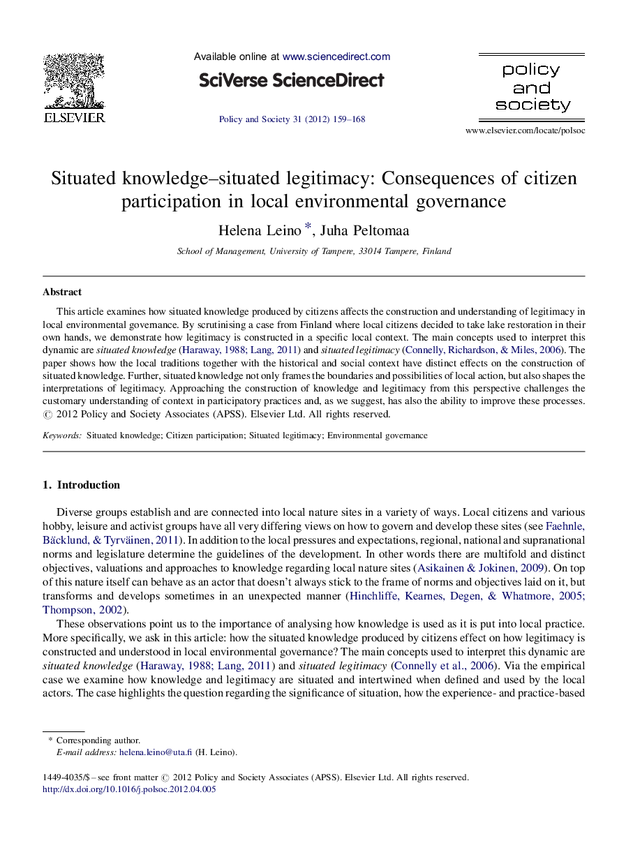 Situated knowledge–situated legitimacy: Consequences of citizen participation in local environmental governance