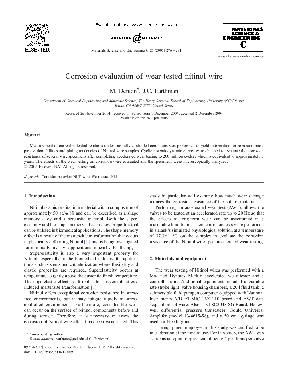 Corrosion evaluation of wear tested nitinol wire