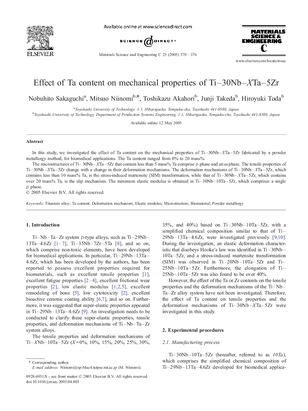 Effect of Ta content on mechanical properties of Ti-30Nb-XTa-5Zr