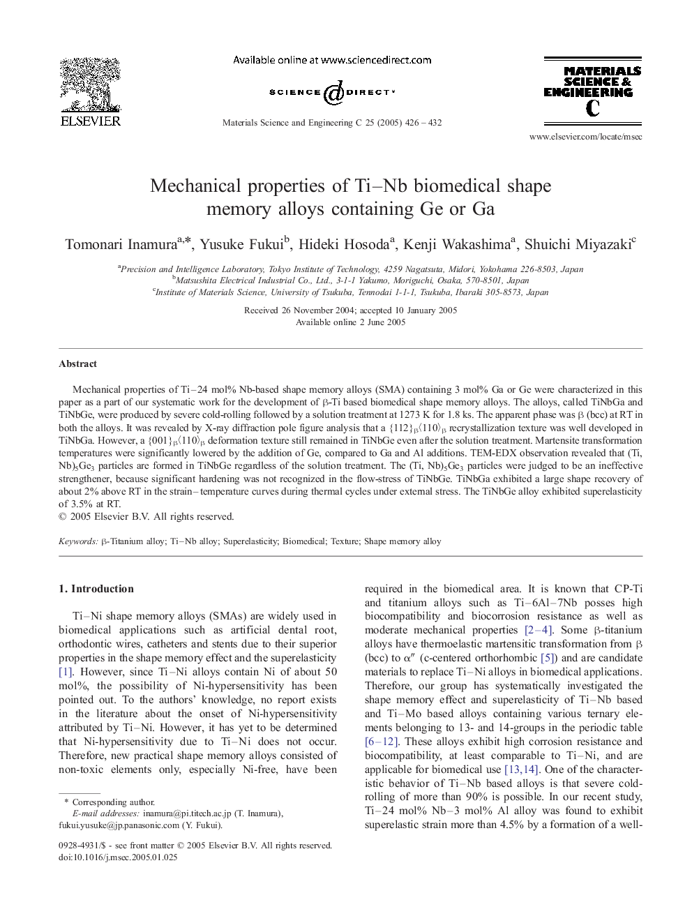 Mechanical properties of Ti-Nb biomedical shape memory alloys containing Ge or Ga