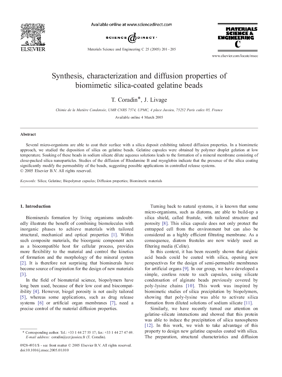 Synthesis, characterization and diffusion properties of biomimetic silica-coated gelatine beads