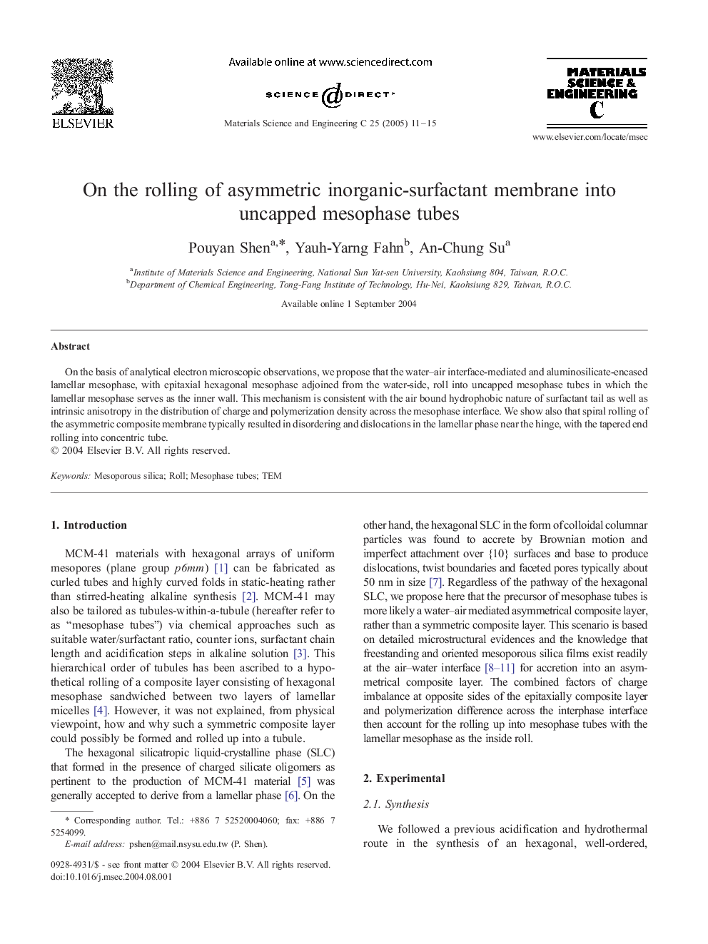 On the rolling of asymmetric inorganic-surfactant membrane into uncapped mesophase tubes