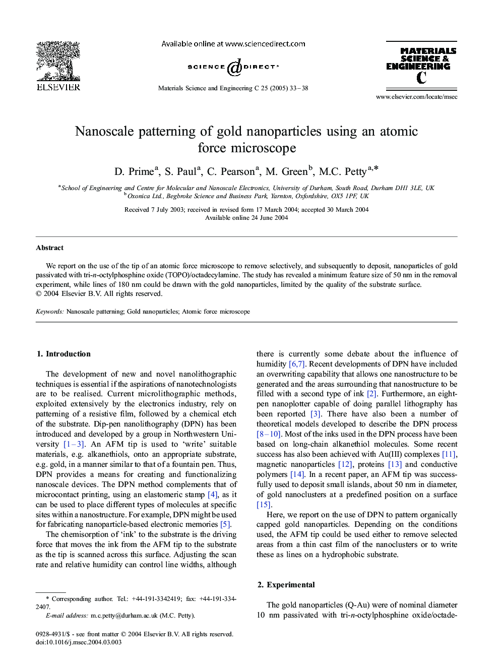 Nanoscale patterning of gold nanoparticles using an atomic force microscope