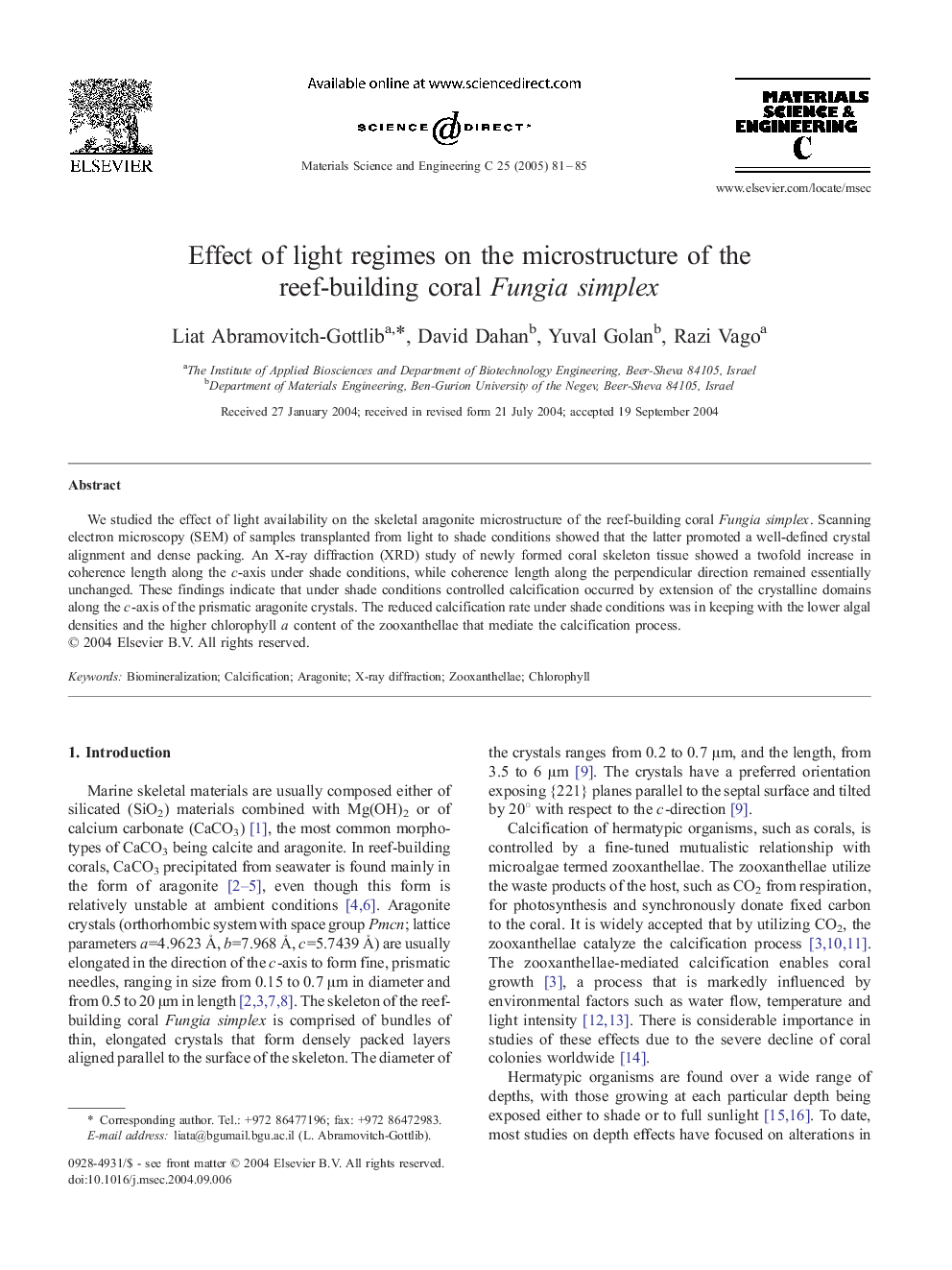 Effect of light regimes on the microstructure of the reef-building coral Fungia simplex