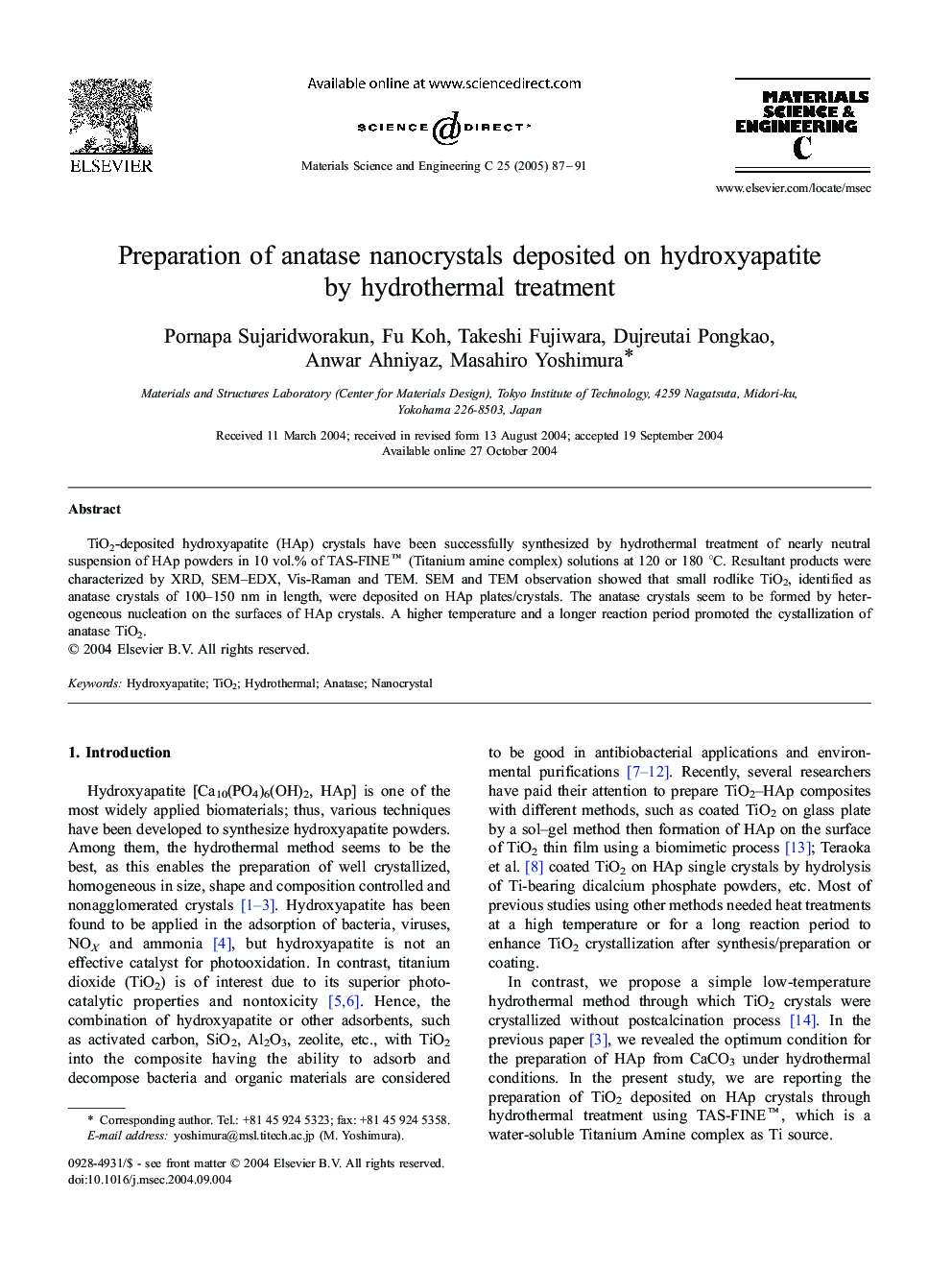 Preparation of anatase nanocrystals deposited on hydroxyapatite by hydrothermal treatment