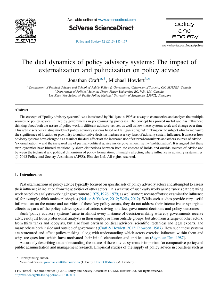 The dual dynamics of policy advisory systems: The impact of externalization and politicization on policy advice