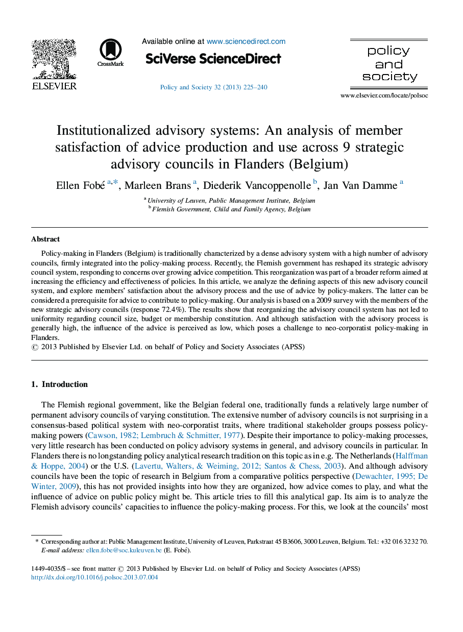 Institutionalized advisory systems: An analysis of member satisfaction of advice production and use across 9 strategic advisory councils in Flanders (Belgium)