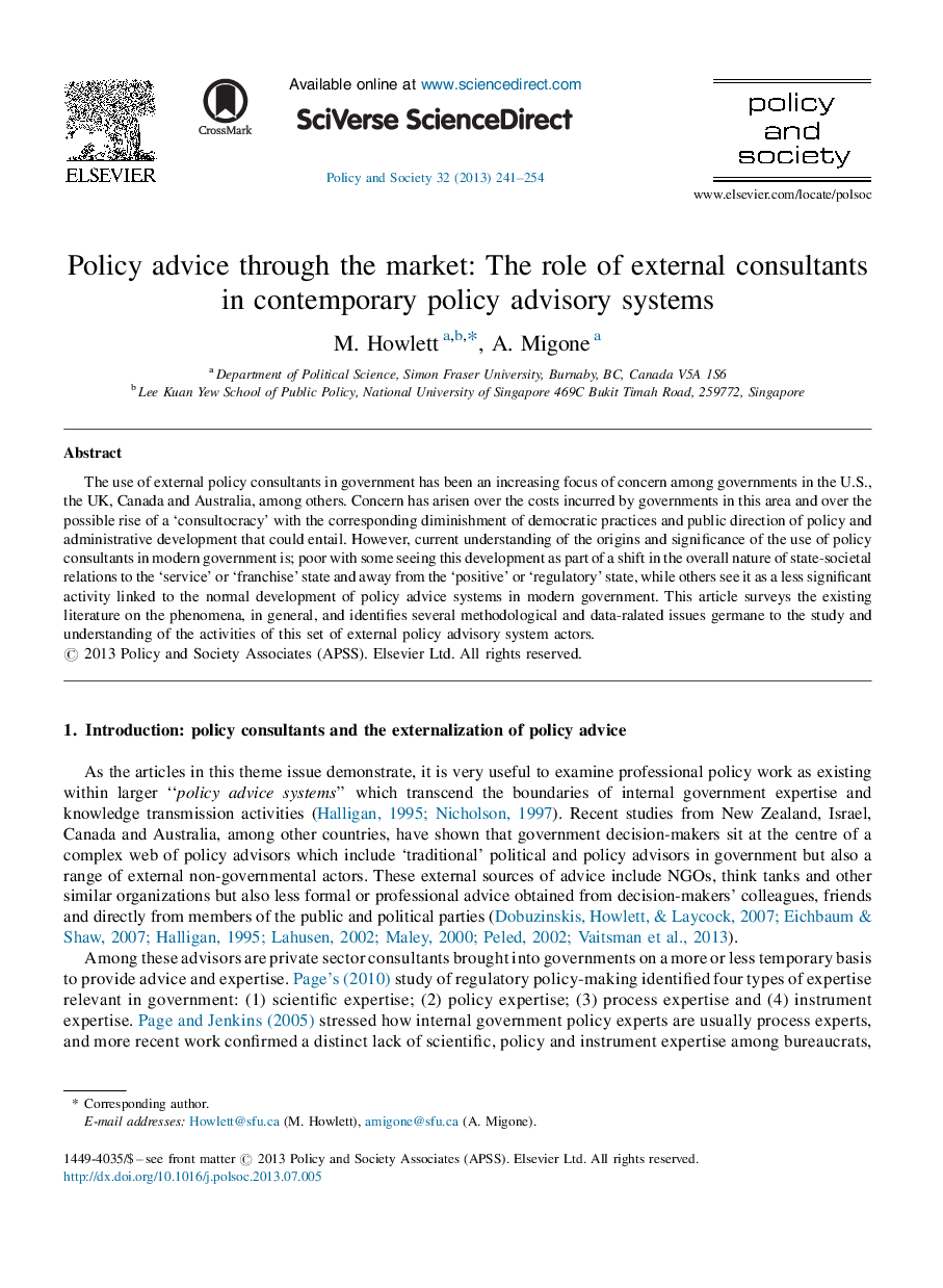 Policy advice through the market: The role of external consultants in contemporary policy advisory systems