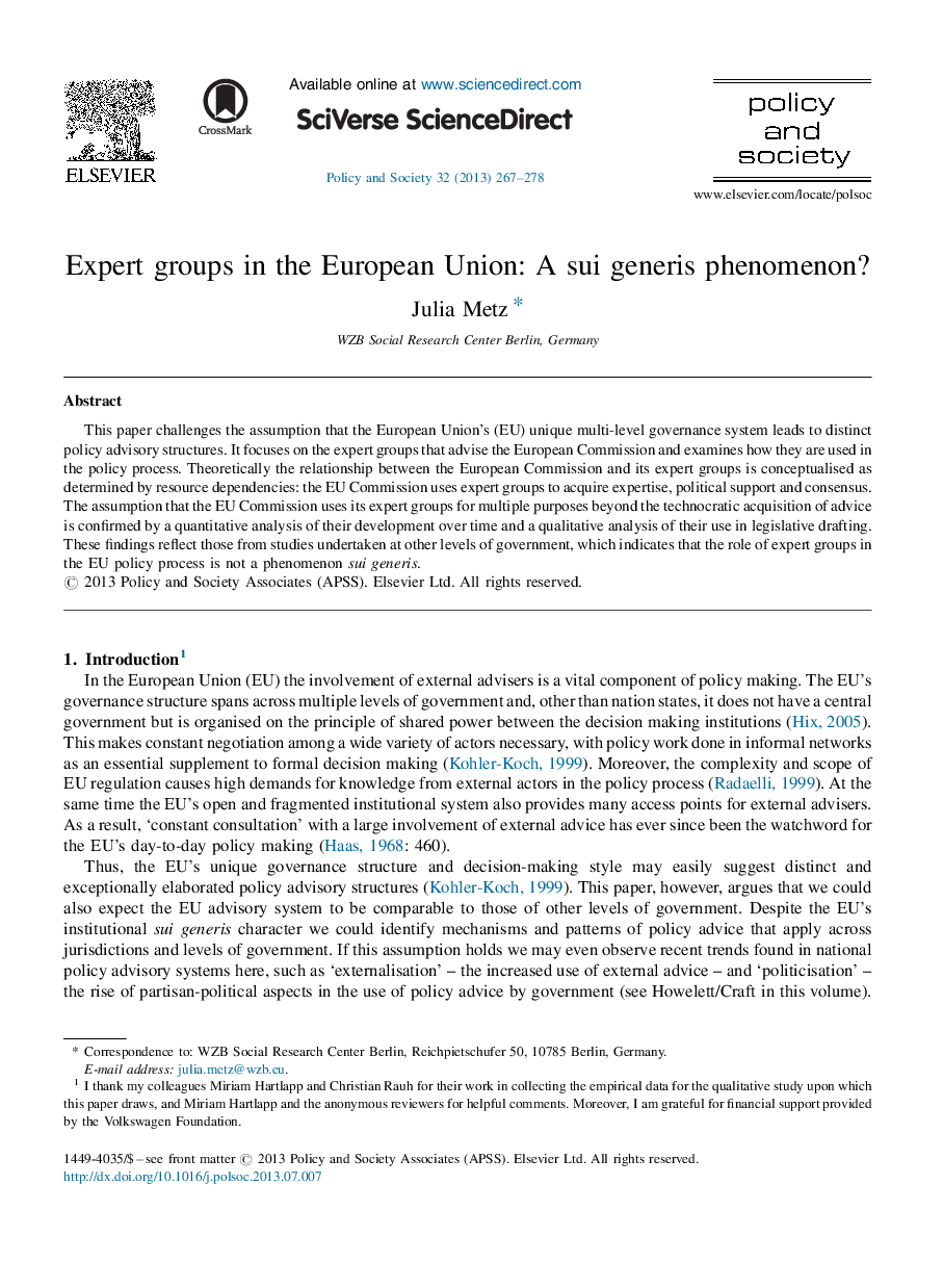 Expert groups in the European Union: A sui generis phenomenon?