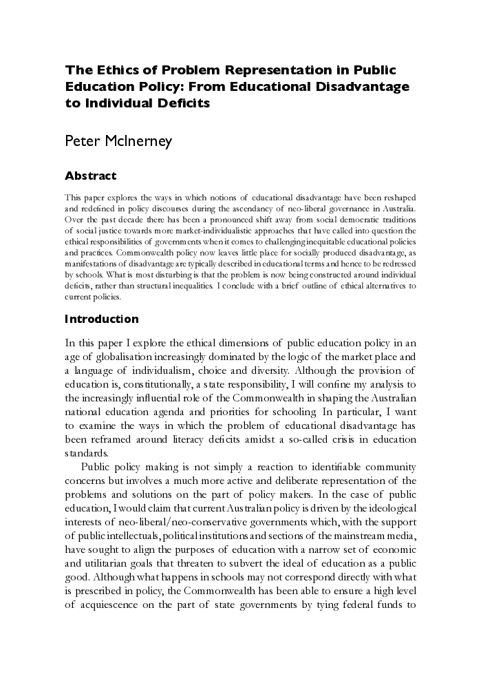 The Ethics of Problem Representation in Public Education Policy: From Educational Disadvantage to Individual Deficits