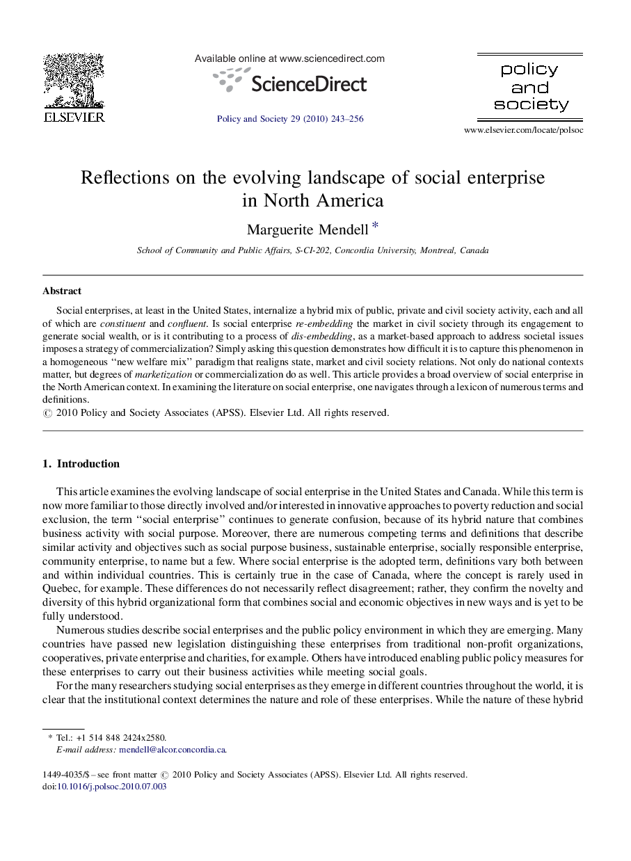 Reflections on the evolving landscape of social enterprise in North America