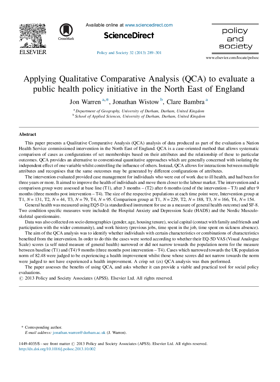 Applying Qualitative Comparative Analysis (QCA) to evaluate a public health policy initiative in the North East of England