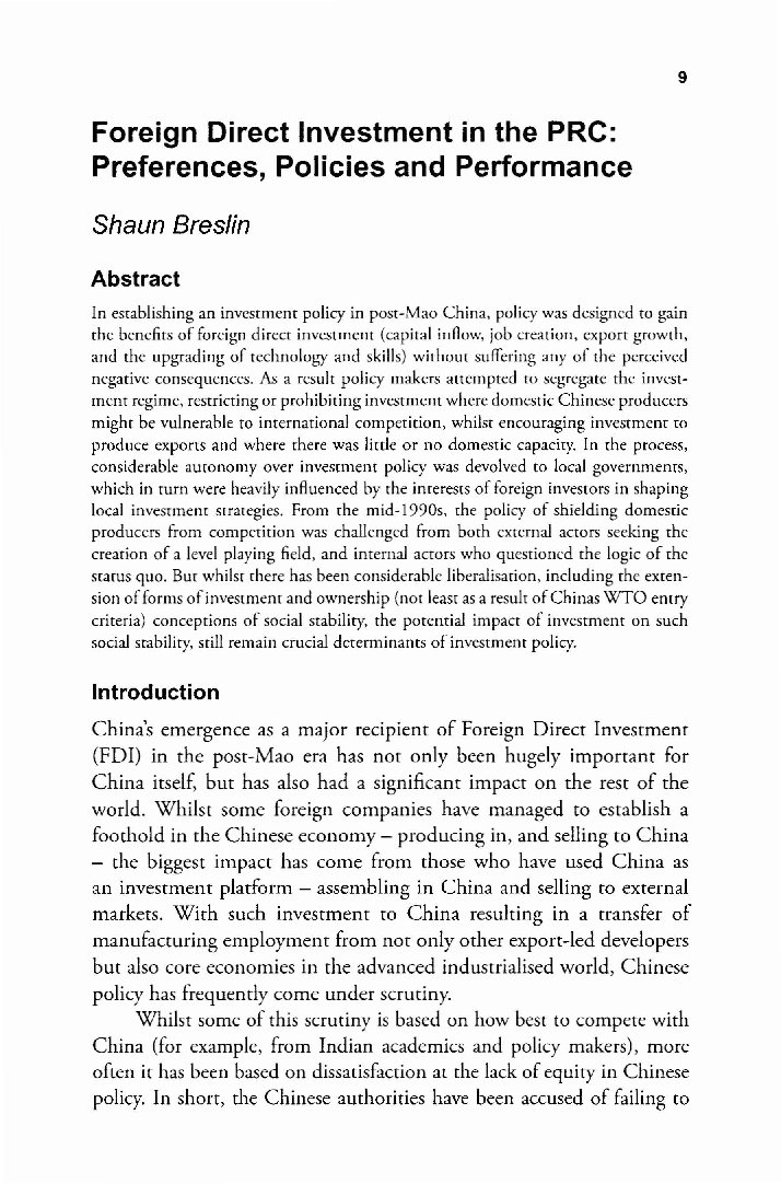 Foreign Direct Investment in the PRC: Preferences, Policies and Performance