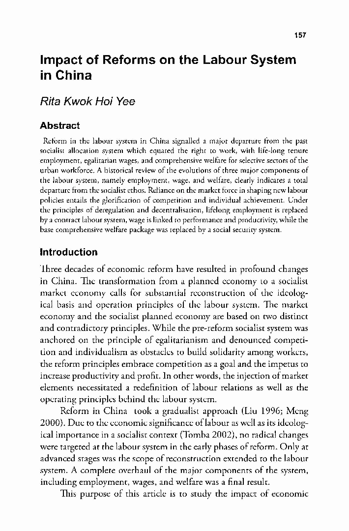 Impact of Reforms on the Labour System in China