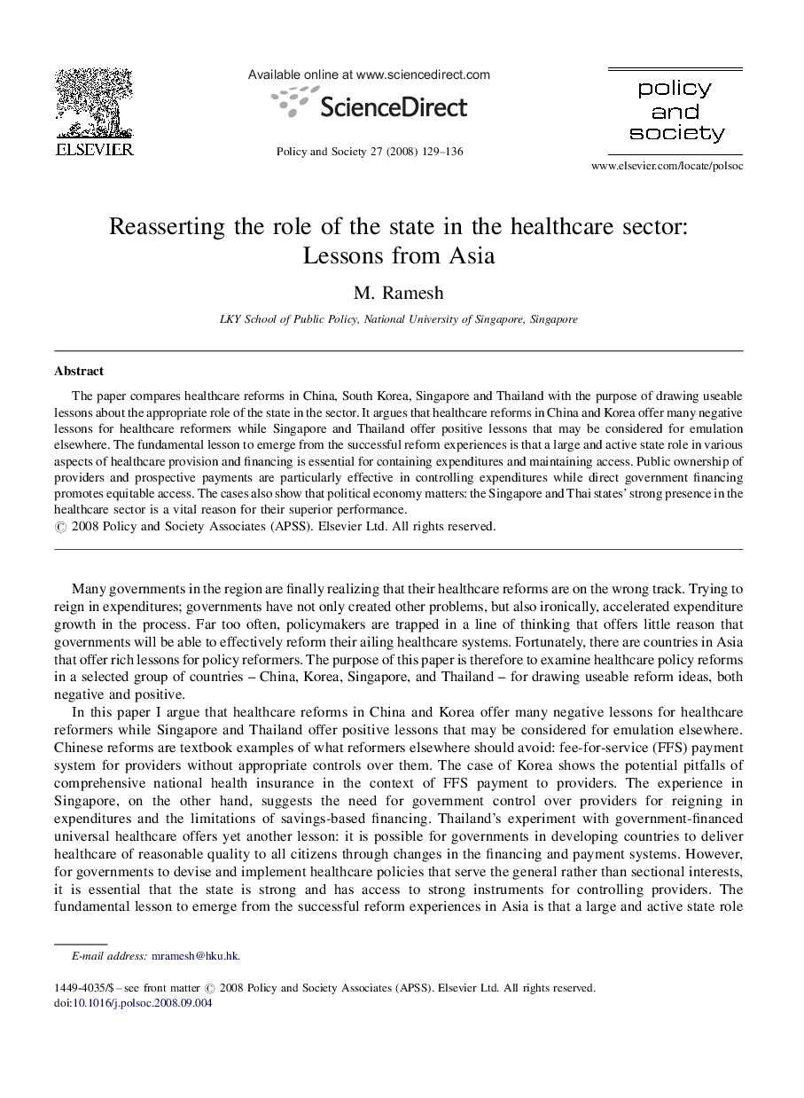 Reasserting the role of the state in the healthcare sector: Lessons from Asia