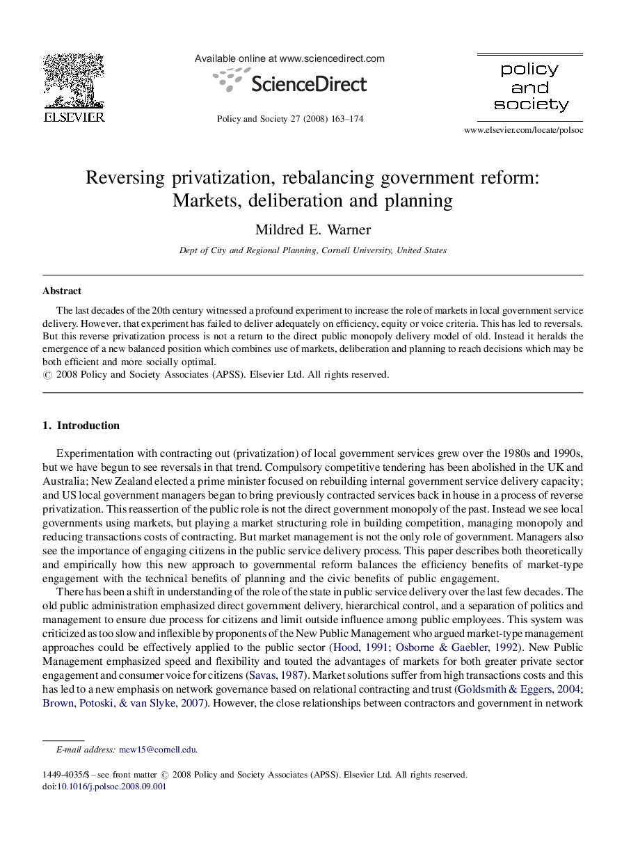 Reversing privatization, rebalancing government reform: Markets, deliberation and planning