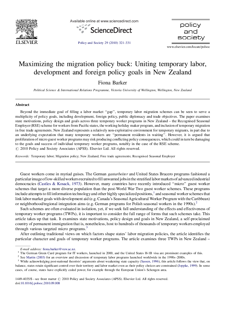 Maximizing the migration policy buck: Uniting temporary labor, development and foreign policy goals in New Zealand