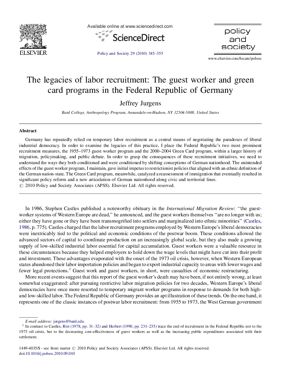 The legacies of labor recruitment: The guest worker and green card programs in the Federal Republic of Germany