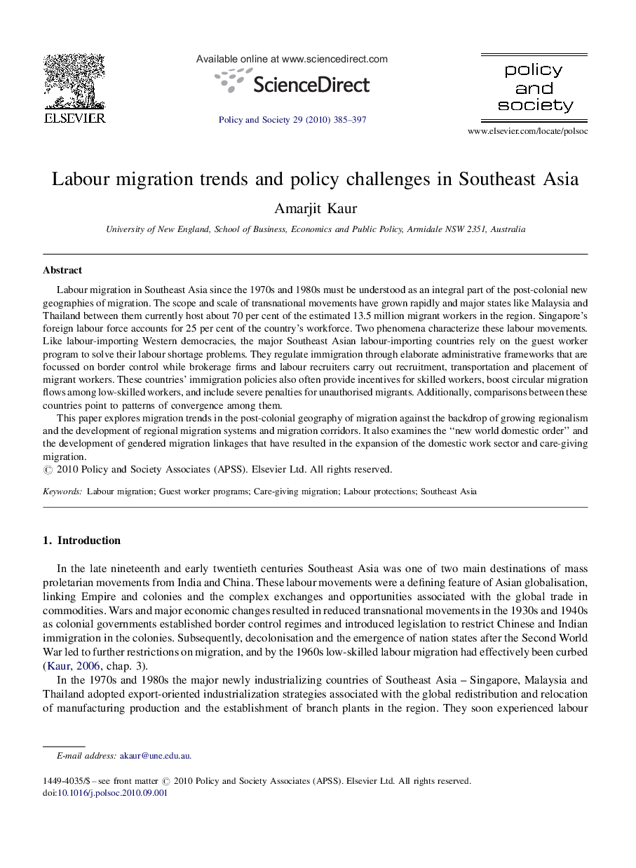 Labour migration trends and policy challenges in Southeast Asia