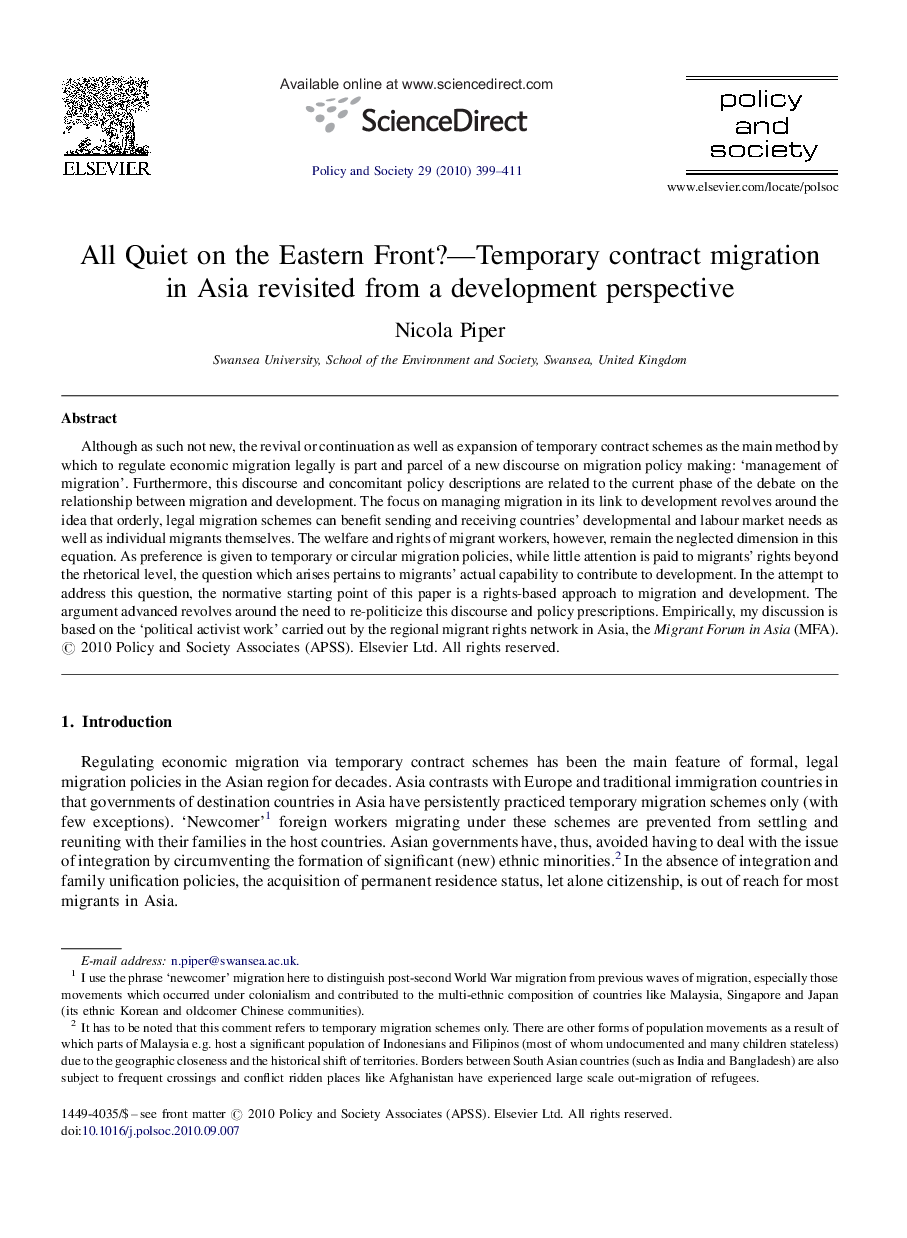 All Quiet on the Eastern Front?—Temporary contract migration in Asia revisited from a development perspective
