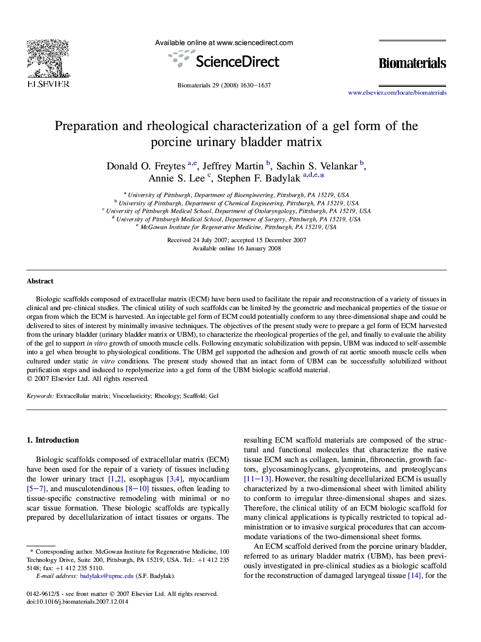 Preparation and rheological characterization of a gel form of the porcine urinary bladder matrix