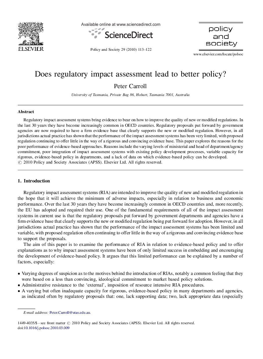 Does regulatory impact assessment lead to better policy?