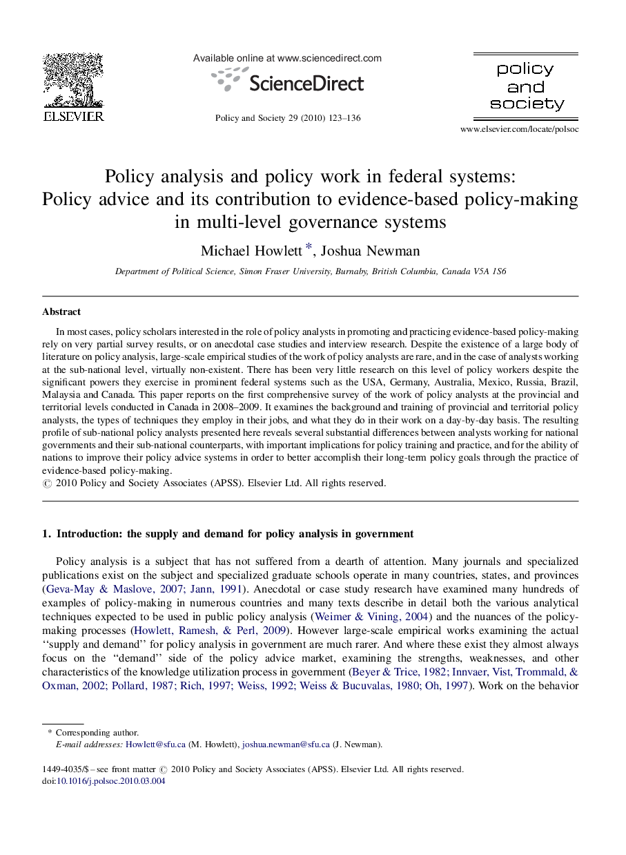 Policy analysis and policy work in federal systems: Policy advice and its contribution to evidence-based policy-making in multi-level governance systems