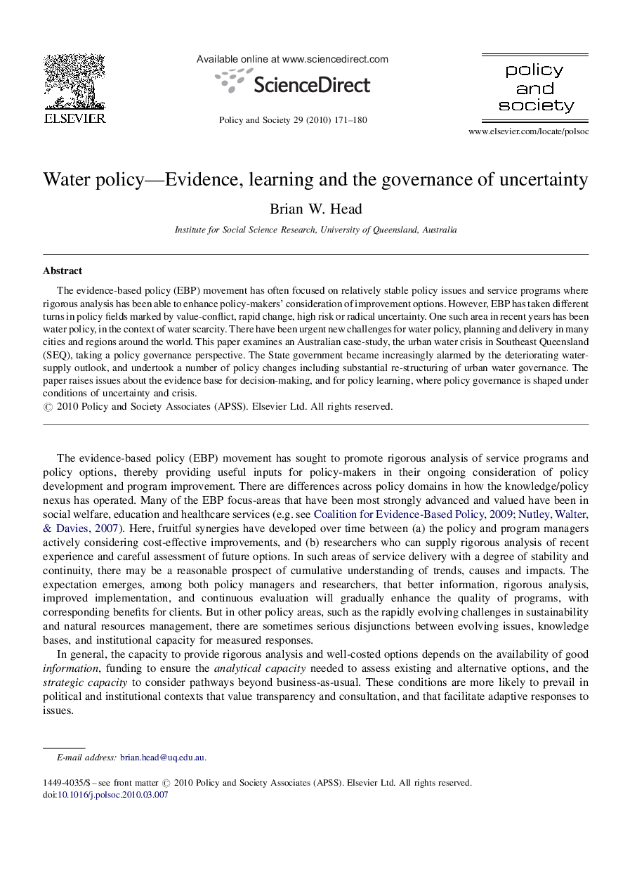 Water policy—Evidence, learning and the governance of uncertainty