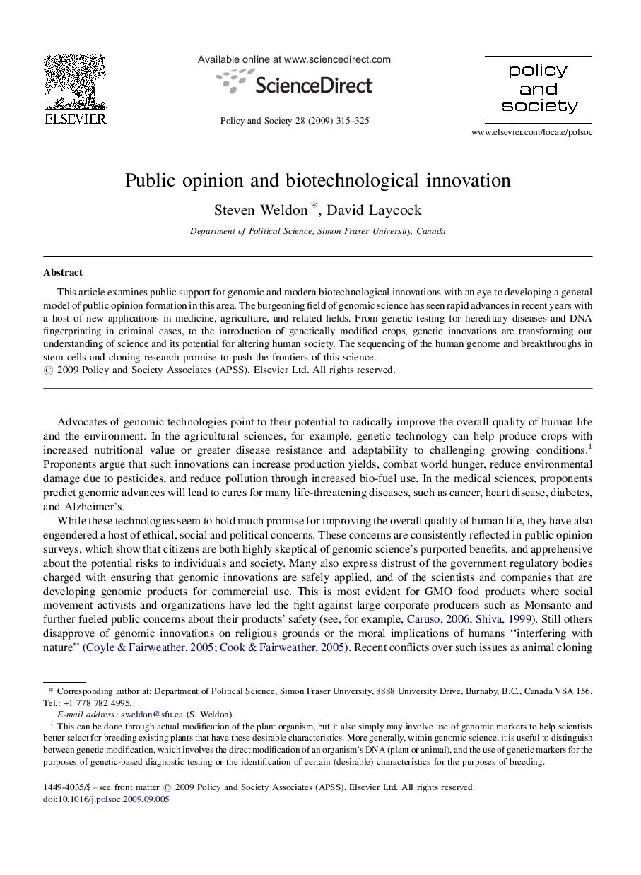 Public opinion and biotechnological innovation