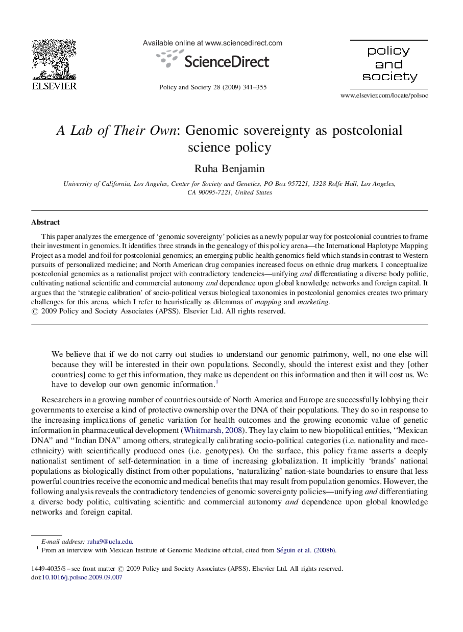 A Lab of Their Own: Genomic sovereignty as postcolonial science policy