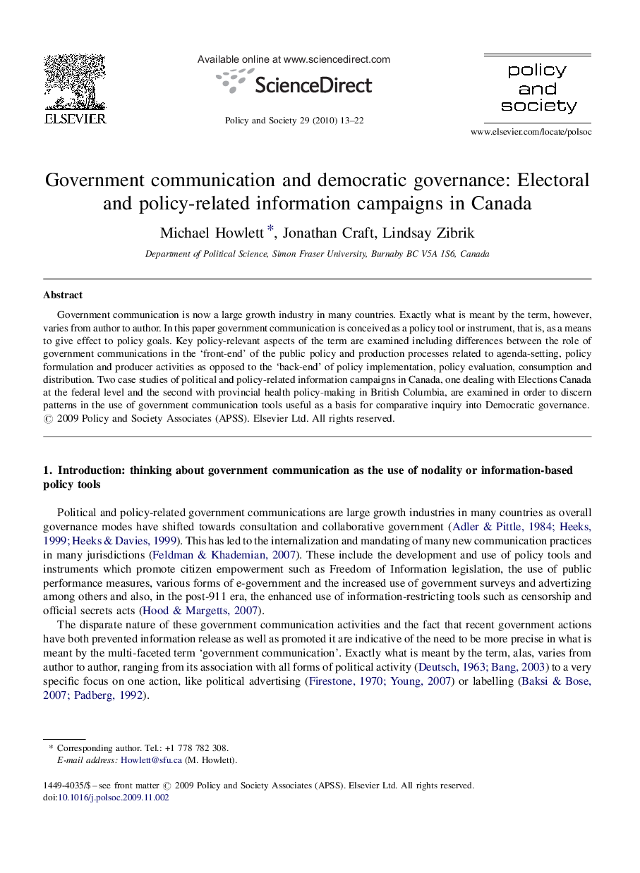 Government communication and democratic governance: Electoral and policy-related information campaigns in Canada