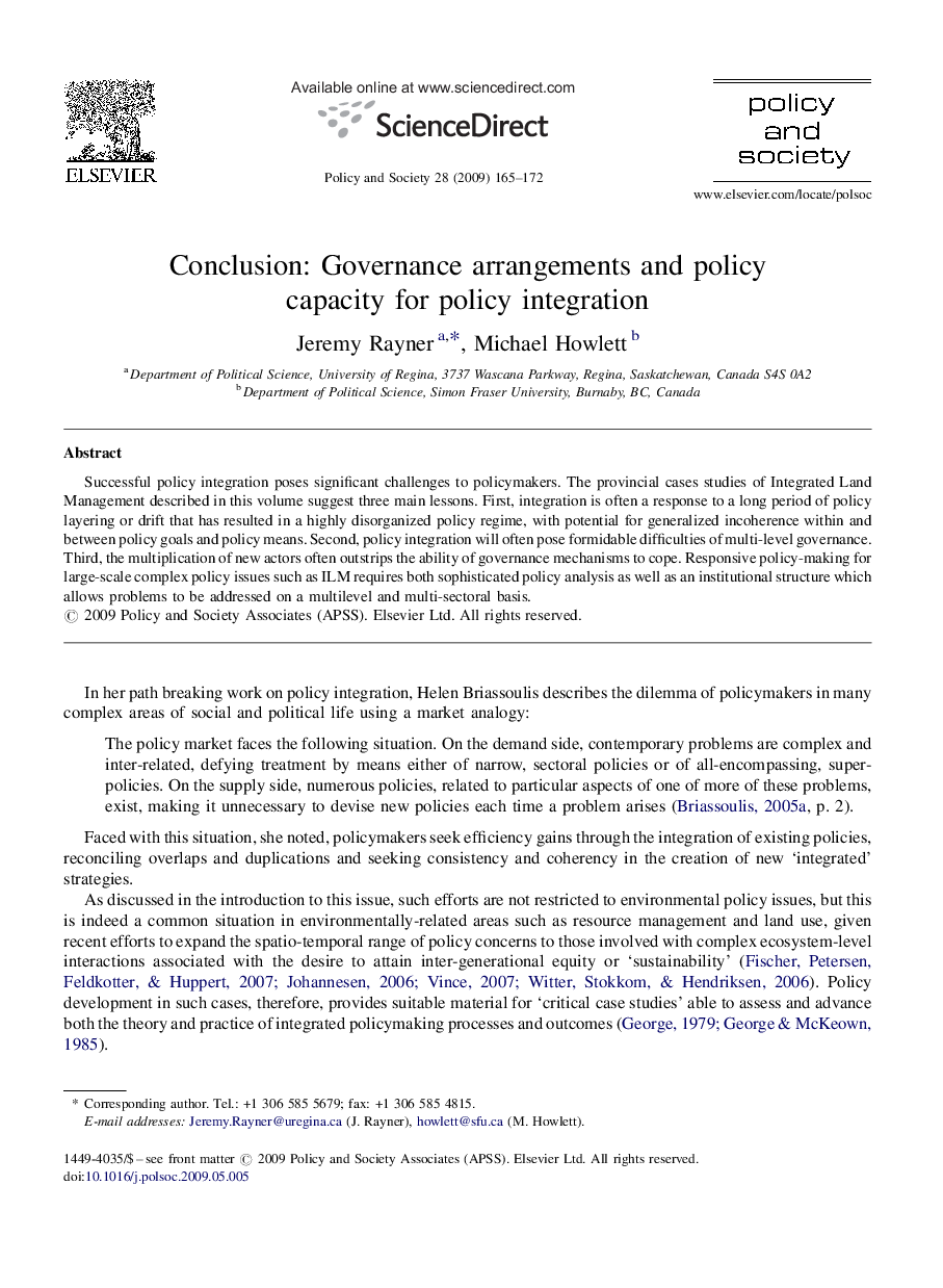Conclusion: Governance arrangements and policy capacity for policy integration
