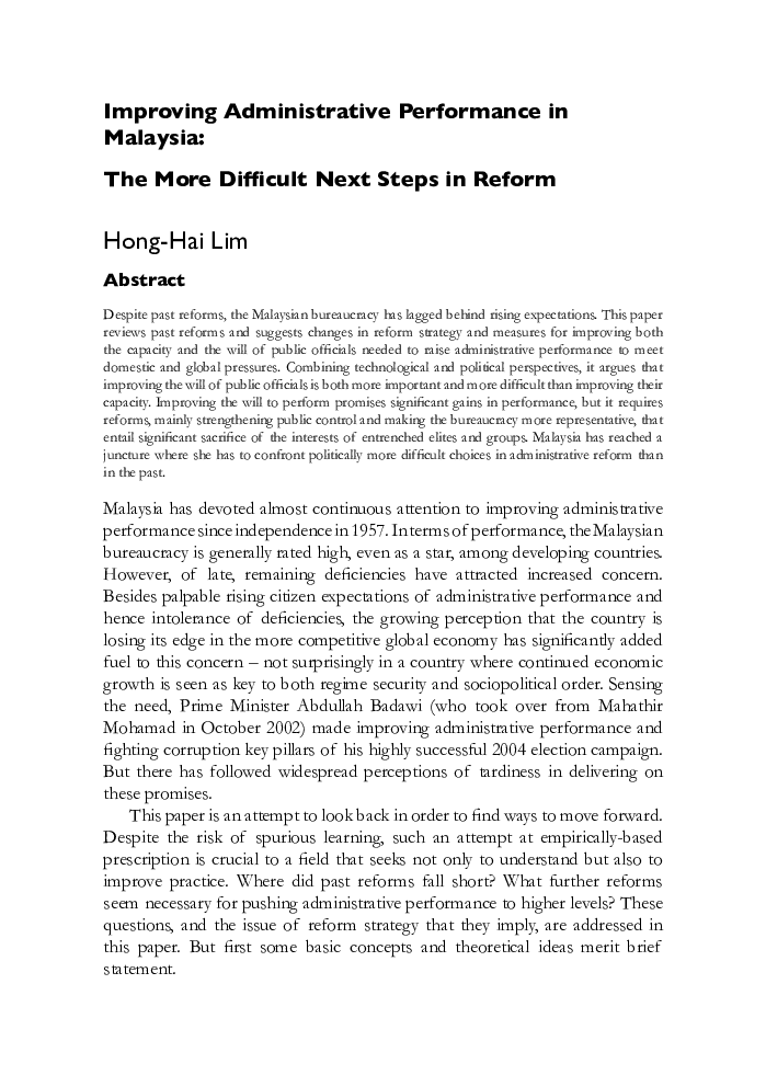 Improving Administrative Performance in Malaysia: The More Difficult Next Steps in Reform