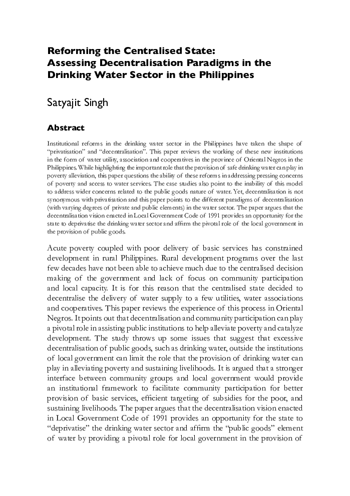 Reforming the Centralised State: Assessing Decentralisation Paradigms in the Drinking Water Sector in the Philippines