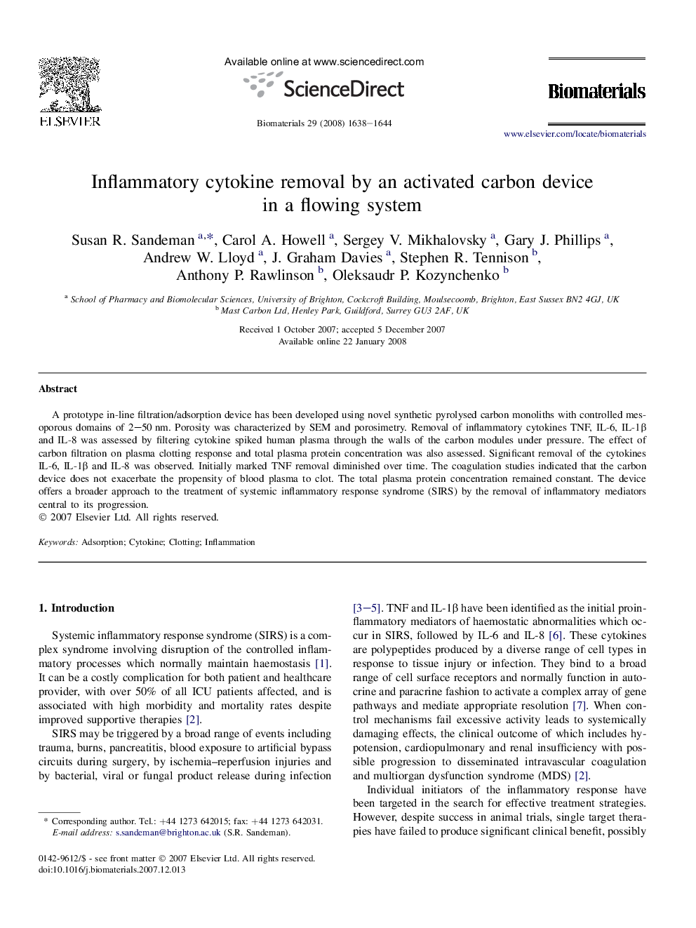 Inflammatory cytokine removal by an activated carbon device in a flowing system