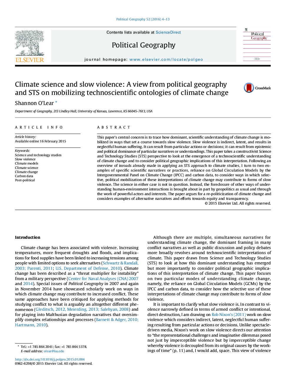 Climate science and slow violence: A view from political geography and STS on mobilizing technoscientific ontologies of climate change