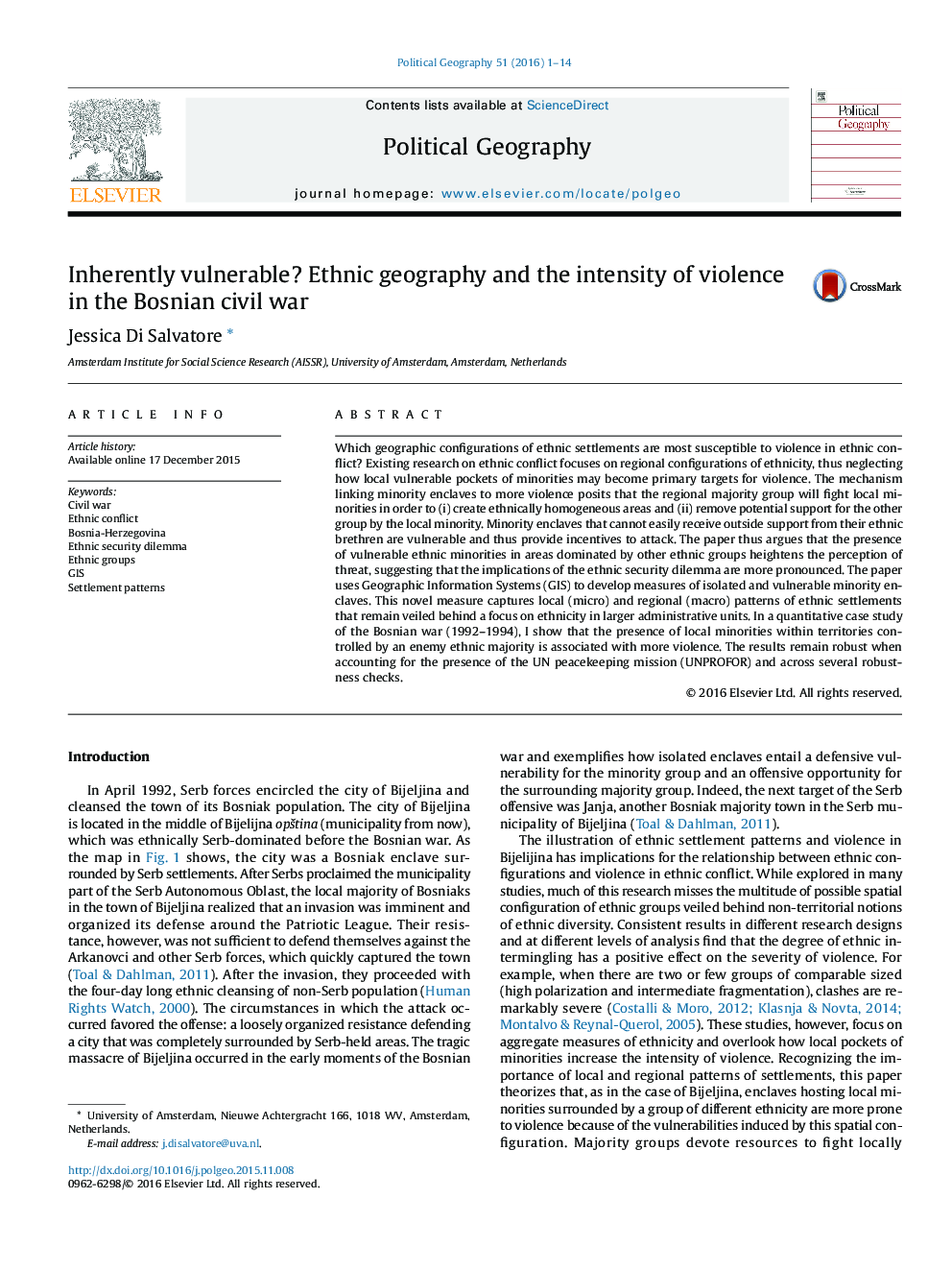 Inherently vulnerable? Ethnic geography and the intensity of violence in the Bosnian civil war