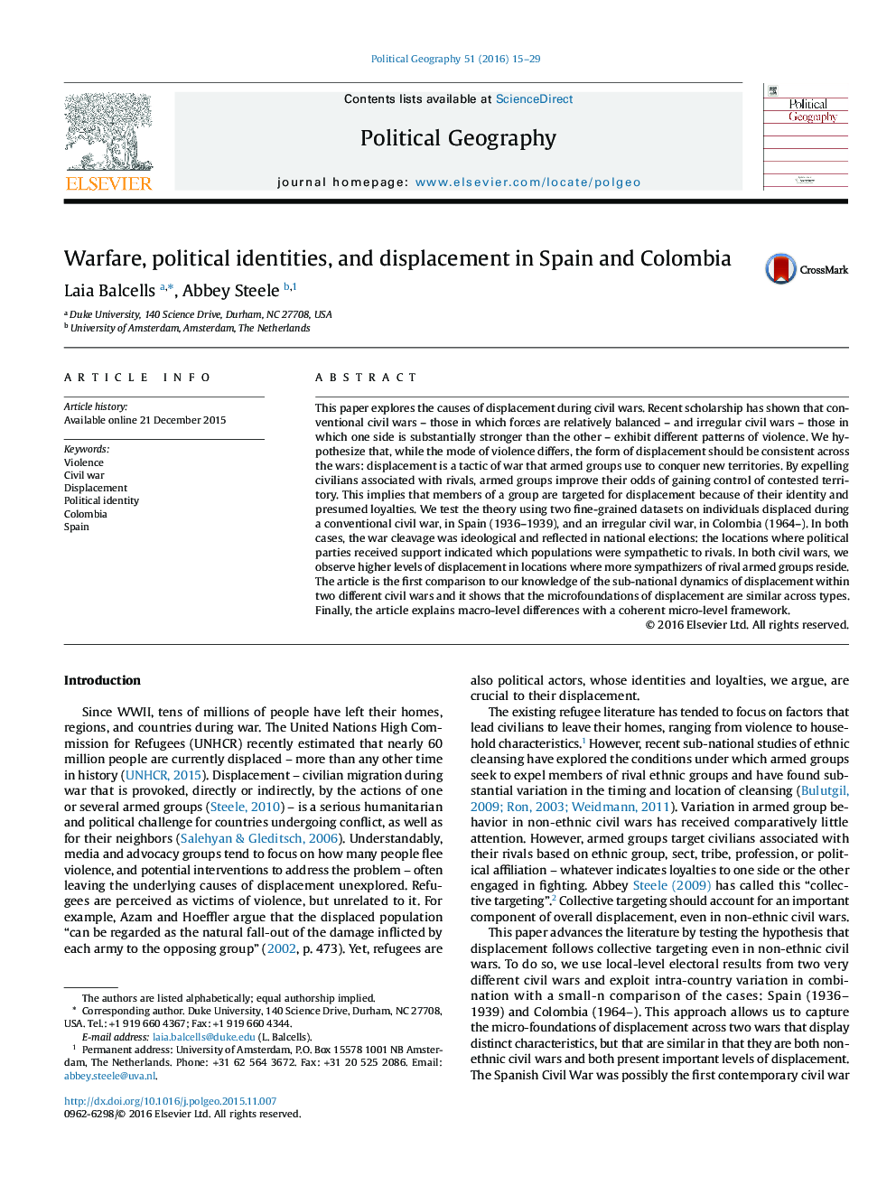 Warfare, political identities, and displacement in Spain and Colombia 