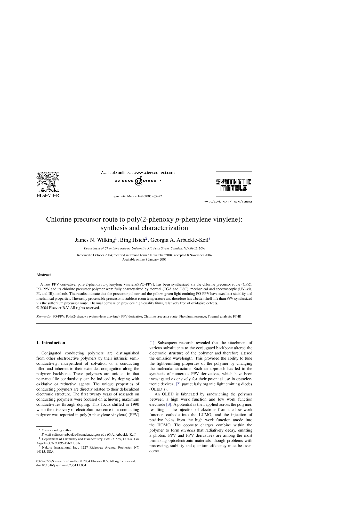 Chlorine precursor route to poly(2-phenoxy p-phenylene vinylene): synthesis and characterization