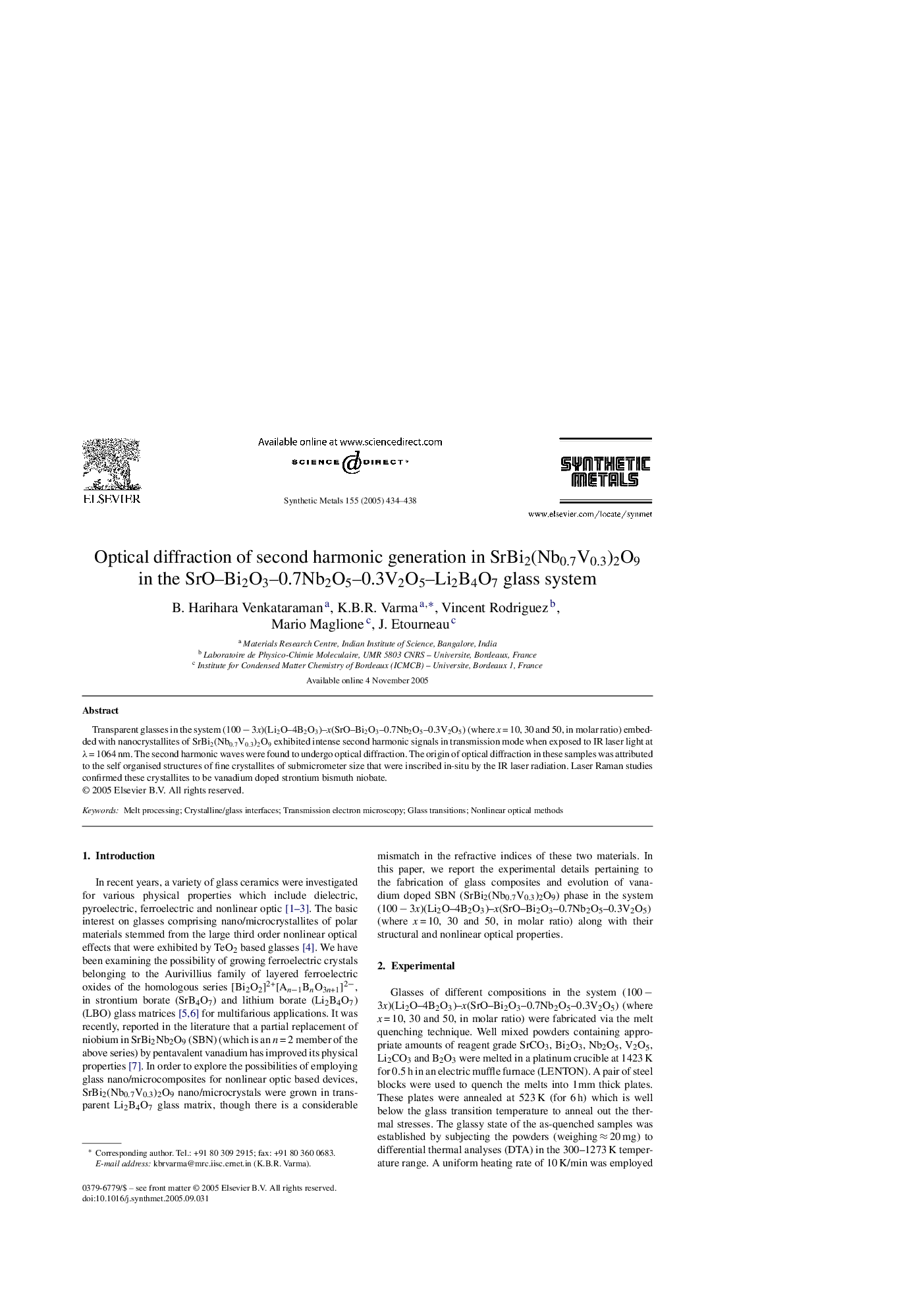 Optical diffraction of second harmonic generation in SrBi2(Nb0.7V0.3)2O9 in the SrO-Bi2O3-0.7Nb2O5-0.3V2O5-Li2B4O7 glass system