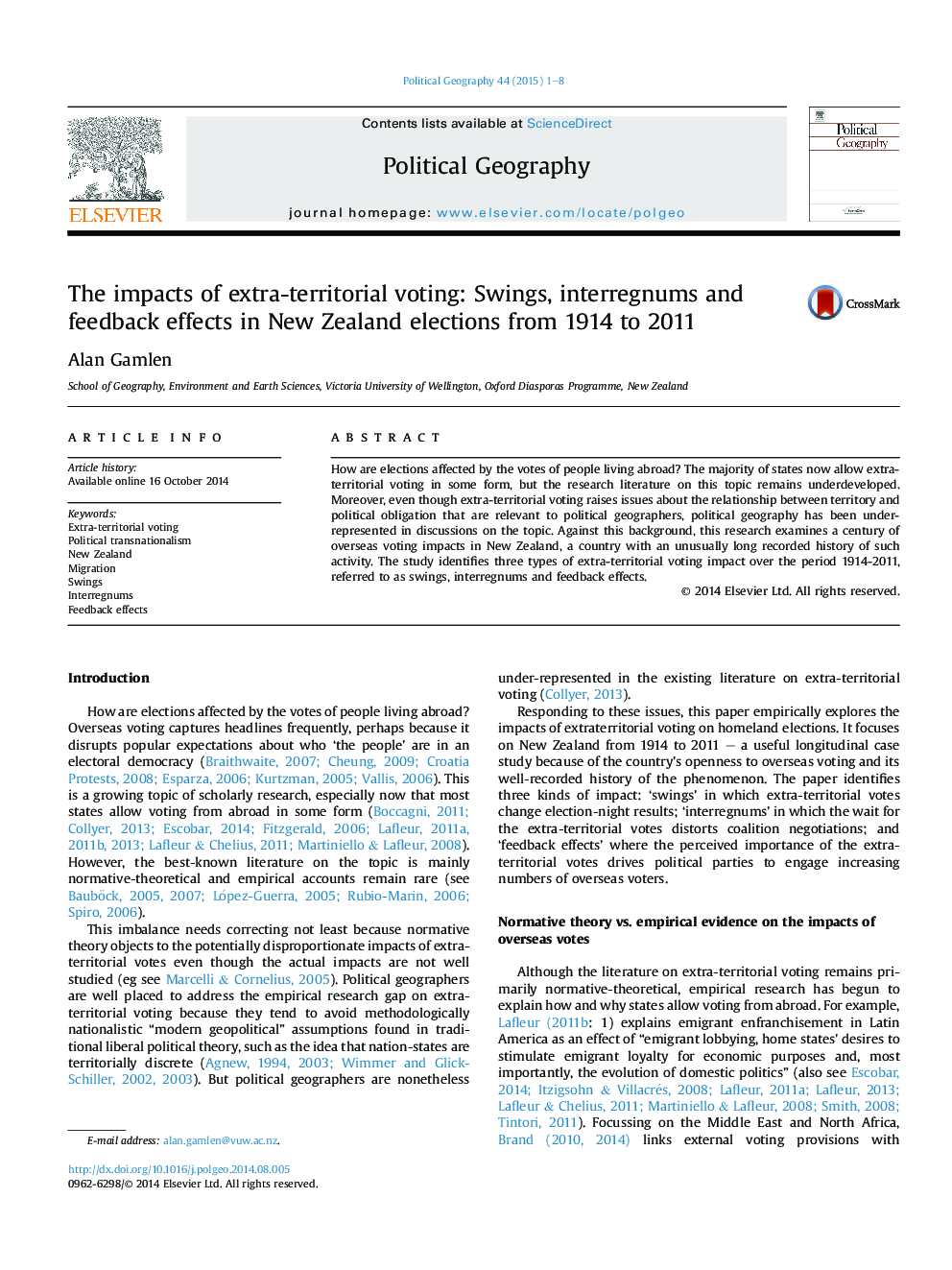 The impacts of extra-territorial voting: Swings, interregnums and feedback effects in New Zealand elections from 1914 to 2011